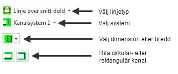 Eller välj bredd och system för rektangulära kanaler. Här finns också markeringar för cirkulära och ektangulära kanalsnitt.