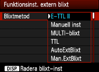 3 Ställa in blixtenn Inställbara funtioner i [Funtionsinst. inbyggd blixt] och [Funtionsinst. extern blixt] Funtion [Funtionsinst. inbyggd blixt] [Funtionsinst.