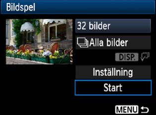 3 Bildspel (automatis visning) 3 Ställ in [Inställning] enligt önsemål. Tryc på nappen <V> för att välja [Inställning] och tryc sedan på <0>.
