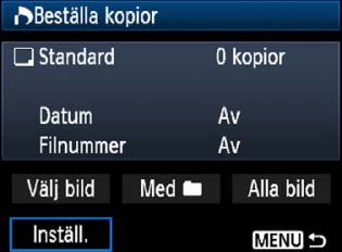 W DPOF (Digital Print Order Format) Du an ställa in utsriftstyp samt eventuell inopiering av datum och filnummer.