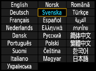 3 Välja språ 1 2 Visa menysärmen. Tryc på nappen <M> så visas menysärmen. Välj [SpråK] på flien [6]. Tryc på nappen <U> för att välja flien [6].