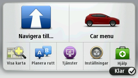 Knappen Car Menu visas på navigationsenhetens huvudmeny när navigationsenheten och bilen har registrerats med varandra.