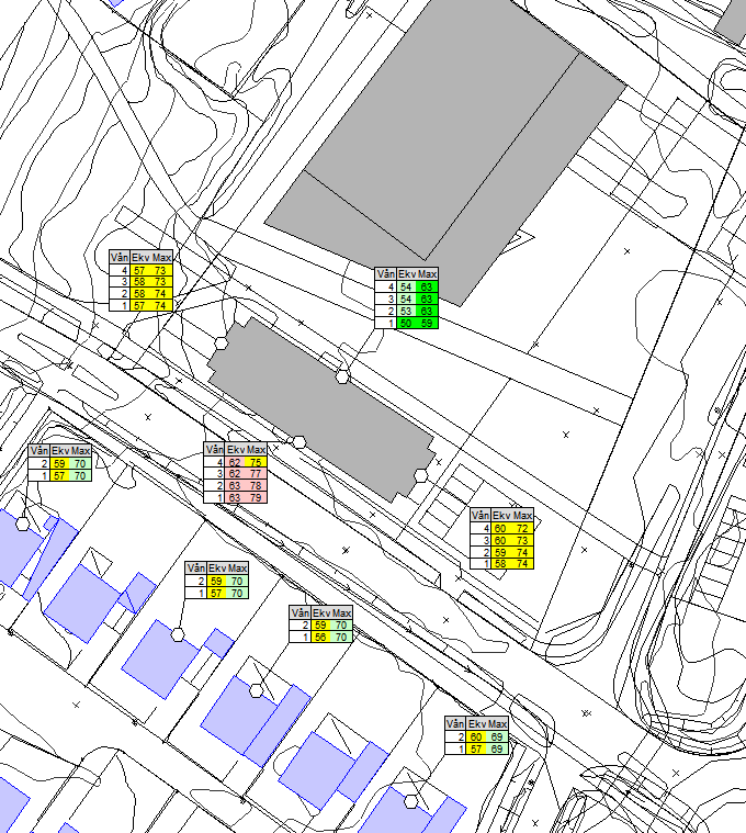 Centrumhuset med verksamheter och bostäder beräknas få ekvivalenta ljudnivåer över 55 dba vid fasad.