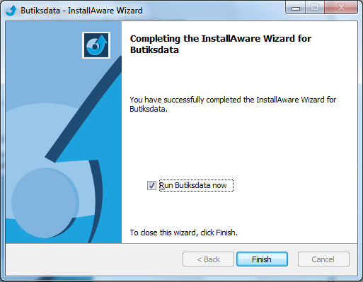 All data har nu angetts och tryck Next så installeras programmet. Tryck Finish för att avsluta installationen. Klicka bort Run Butiksdata now, eftersom programmet inställningar inte är klara ännu.