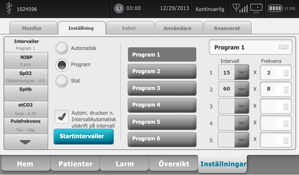 116 Patientövervakning Welch Allyn Connex Vital Signs Monitor 6000 Series Starta automatiska intervaller Gör så här för att konfigurera monitorn för automatiska tagning av NIBP-mätningar vid