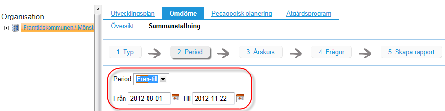 Sida 10/21 Bild 13 Datumval sparas vid ny utkoppling av mall. 3.3.3 Period ändrad för Sammanställning på skolnivå När skolledare/dokumentansvarig gör sammanställning på skolnivå kan nu endast datum väljas under steget Period.