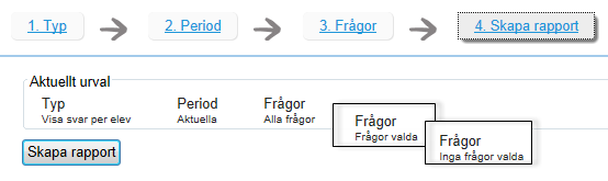 Sida 12/21 Bild 17 Sammanställning på klass eller elevnivå. I steget Skapa rapport har urvalet Frågor förtydligats med urvalen Alla frågor valda, Frågor valda och Inga frågor valda.