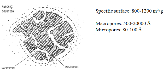 Samtidigt som guldet löses i natriumcyaniden absorberas den med hjälp av aktivt kol som genom en stor specifik yta har bra absorberingsförmåga.