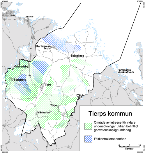 Figur 5-18. Ur geologisk synvinkel potentiellt gynnsamma områden i Tierps kommun. Bedömningen är baserad på befintligt geovetenskapligt underlag.