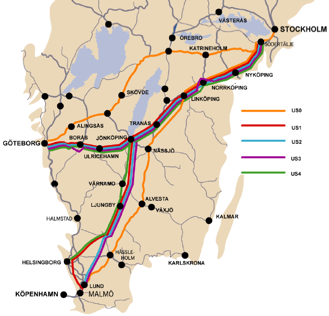 KARTA: TRAFIKVERKETS FÖRESLAGNA ALTERNATIV FÖR SVENSKA HÖGHASTIGHETSBANOR Källa: Trafikverket (2012), Höghastighetsbanor och utbyggnad av befintliga stambanor Stockholm Göteborg/Malmö, s. 6. 3.