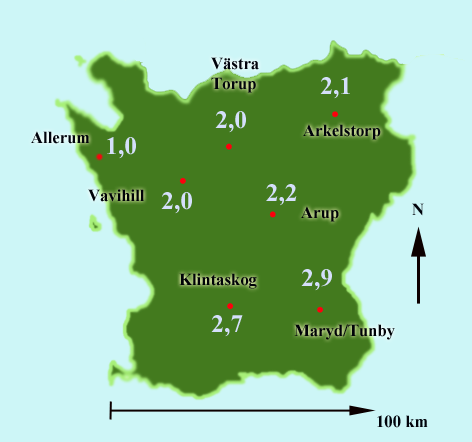 Figure 3. Calculated background nitrogen dioxide levels in Scania for seven stations as five years average (1999 to 20