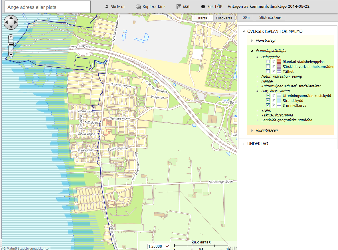 L a n t m ä t e r i e t 2015-06-22 5 Ytterligare ett exempel på hur en kommun redovisar riskområden för översvämning med stöd av bebyggelse, egna höjddata mm. Här från Malmös översiktsplan.