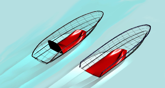 5,5 meters testbåt med akterskepps interceptor och indragen motor Strömning kring en akterskepps interceptor Tryckkraftfördelning och våt yta med respektive utan akterskepps interceptor I det