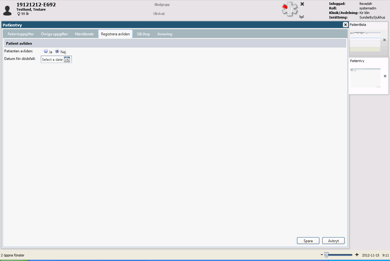 PATIENT SIDA 18 (22) 3.3 Flik Registrera avliden Registrering av avliden och avregistrering av avliden kan göras på patienter oavsett om de har ett personnummer eller reservnummer.
