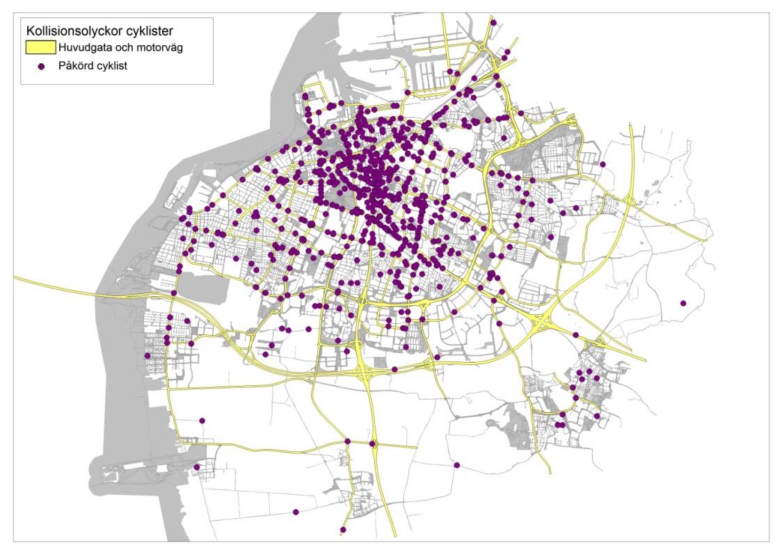 Figur 25. Cyklisters kollisionsolyckor i Malmö (2008-2012). 3.3.4 I PERSONBIL Många bilister skadas i trafiken i Malmö, men en majoritet av dessa får enbart lindriga skador.