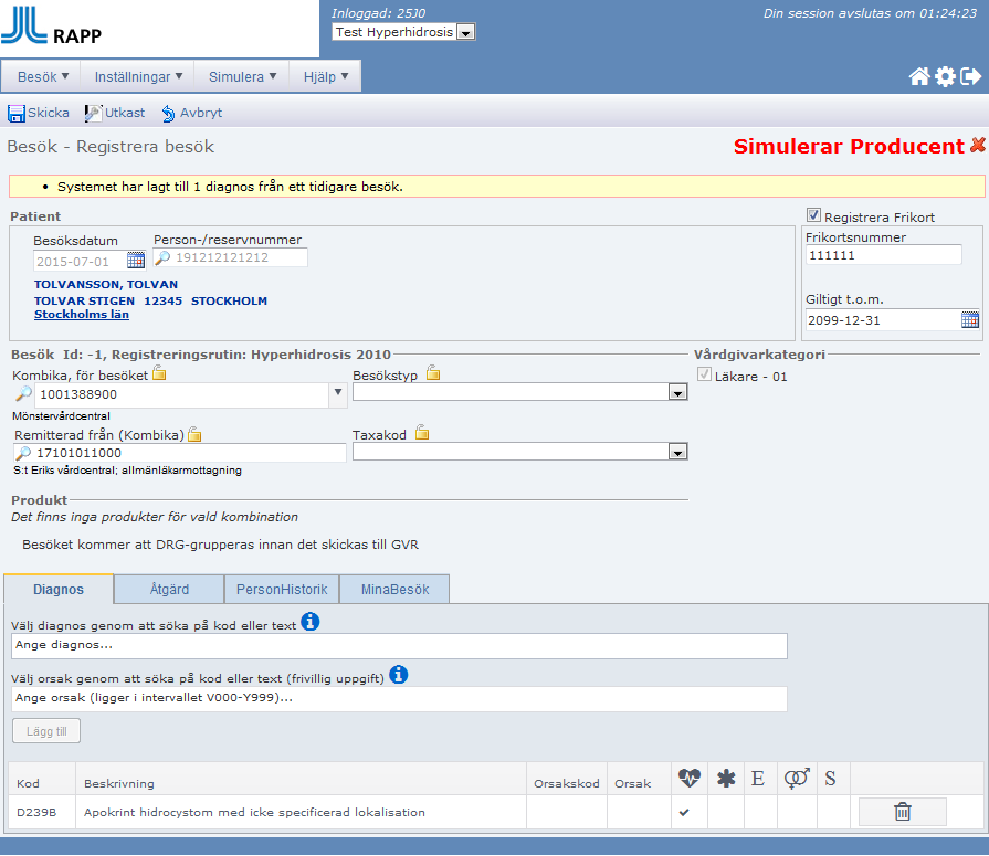15 Diagnoser, Åtgärder och DRG Diagnoskoder Klicka på flik Diagnos Mata in några tecken på diagnoskod eller några bokstäver i diagnosnamnet i fritextfältet.
