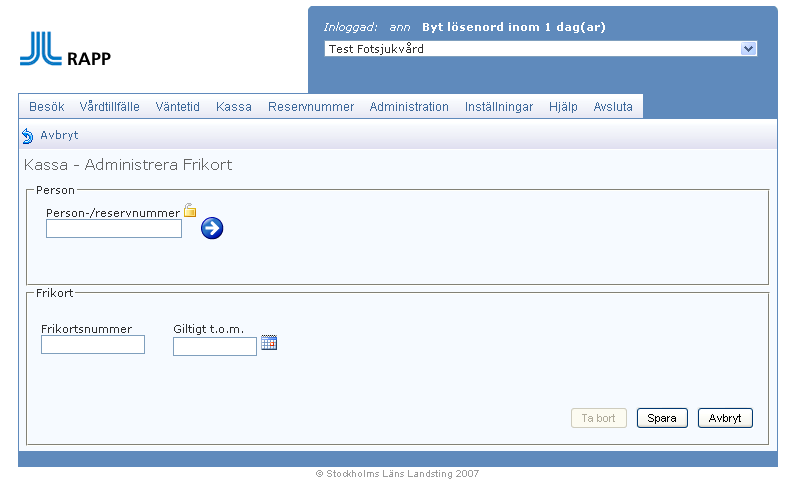 32 Under huvudfliken Kassa finns underflikarna Administrera frikort, Avläsningsrapport, Transaktionslista, Kassaperiod och Stäng kassa.