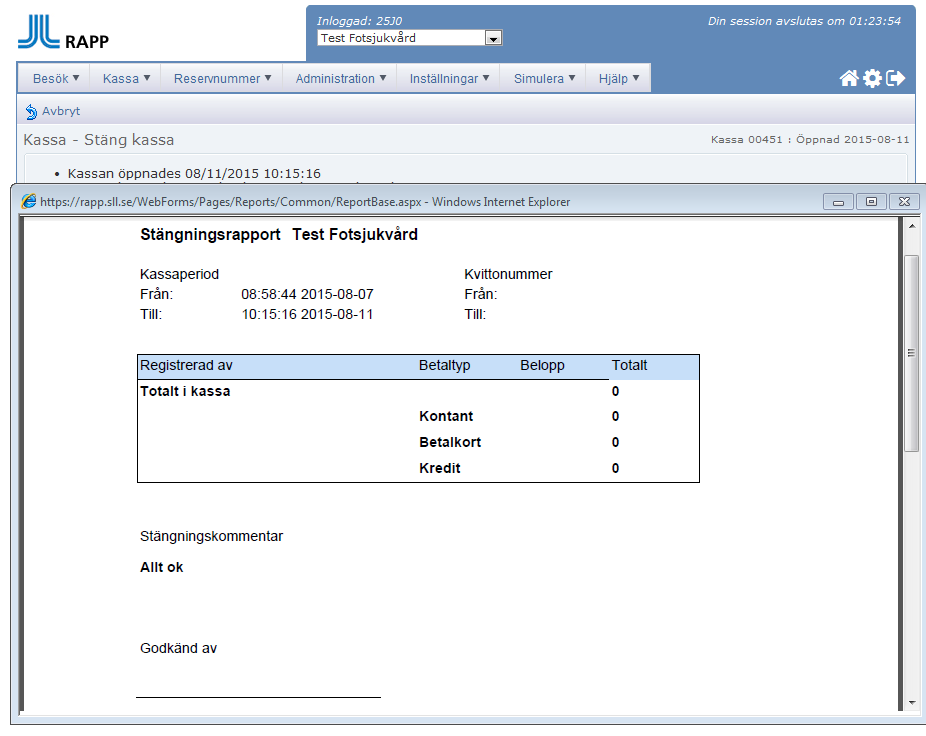 Stämgningsrapport visas för utskrift och/eller spara.