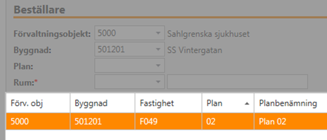 Registrerat plan 02, i rumsfältet visas i hjälpregisterlista de rum