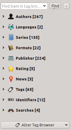1.1.10 Etikettbläddrare Etikettbläddaren tillåter dig enkelt bläddra i din samling Författare/Etiketter/Serier/etc.