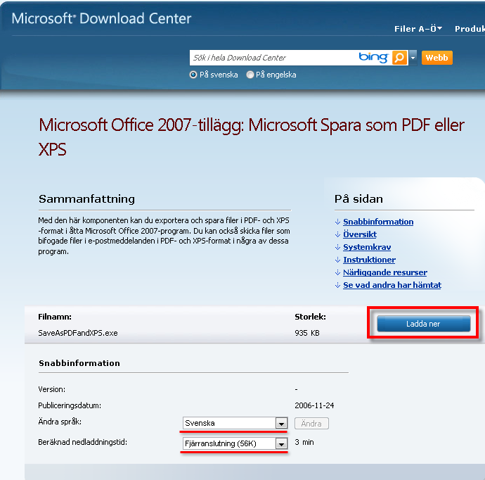 2. Klicka på: Microsoft Spara som pdf eller XPS-tillägg för Microsoft Office 2007- program 3.