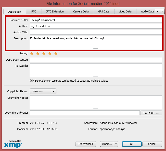 Skriv in titel, författare och beskrivning i rutorna Document Title, Author och Description. I skärmbilden nedanför så är de markerade med en röd rektangel. 8.