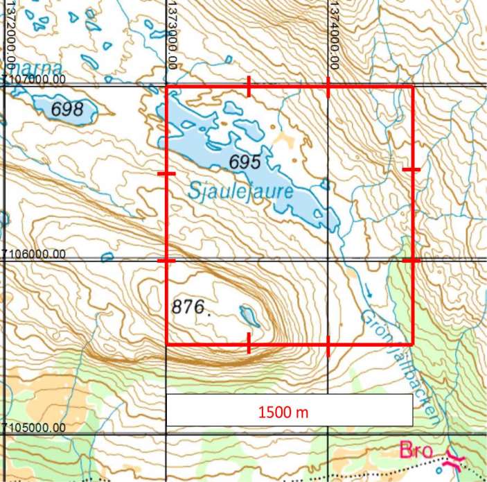 Inventering sker vid varje 500 m. Där inventeras 100 m 2 i form av en cirkel. Det blir 12 st. inventeringsrutor.