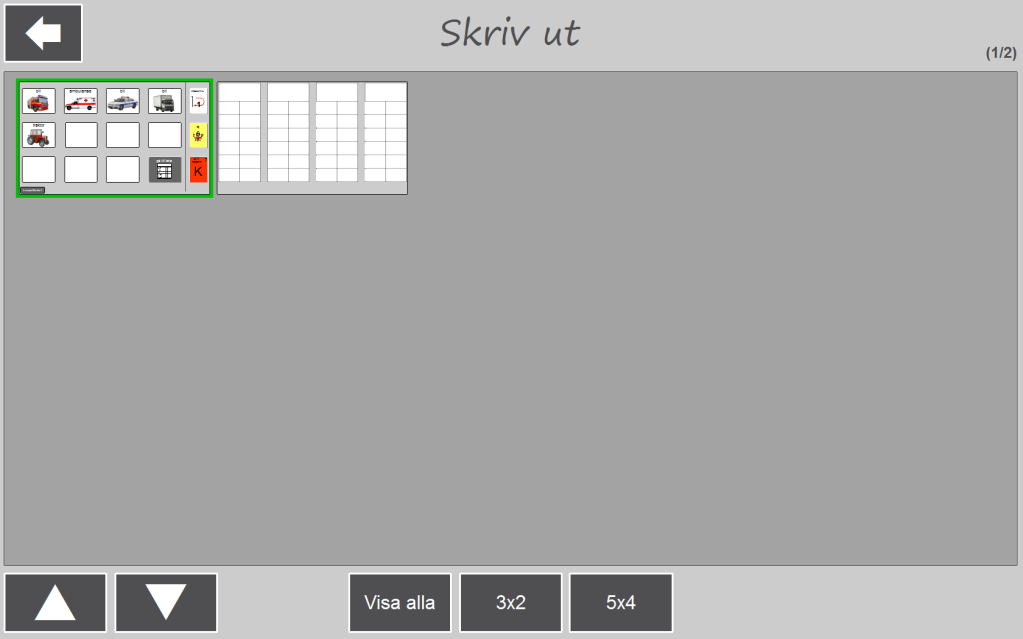 3.9.3 Egna sidor från sidmall När man trycker på Egna sidor från Sidmall visas denna vy: Utskrift av sidor: PODD 12 (A4): Innan utskrift av sida från egna sidor måste skrivaren ställas in i Windows