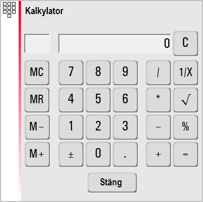 2. Alternativt tryck Meny» Kalkylator. 3. Ett pop-up-fönster öppnas med följande tangentbord: 4. Minnesfunktionen kan addera eller subtrahera areor, volymer eller andra resultat.