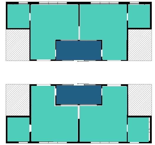 FUNKTIONSENHET 43 44 Figur 41 Exempelplan för funktionsenhet IVA modul A i hus med enkelkorridor, områden markerade med streck kan