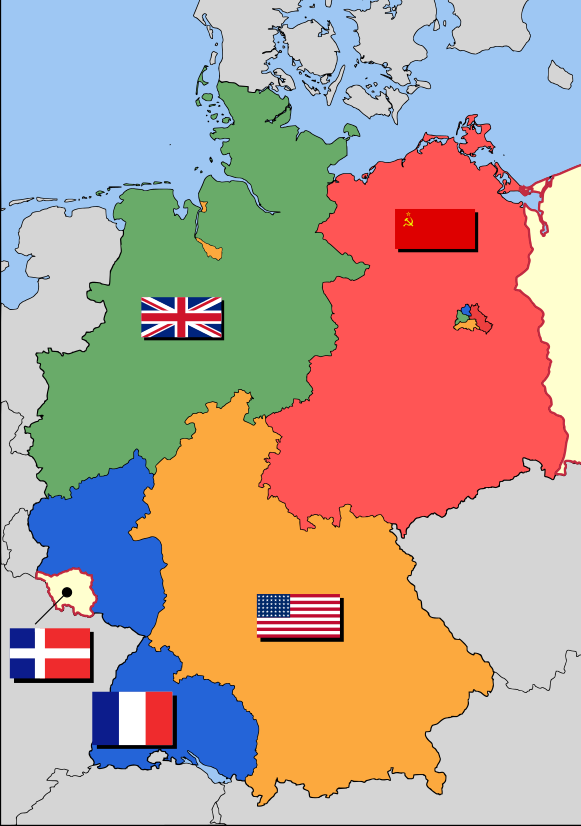 Tyskland var uppdelat i zoner. Efter kriget delade de länder som besegrat Tyskland upp landet mellan sig. Britterna, fransmännen, amerikanarna och Sovjetunionen tog hand om var sin del.