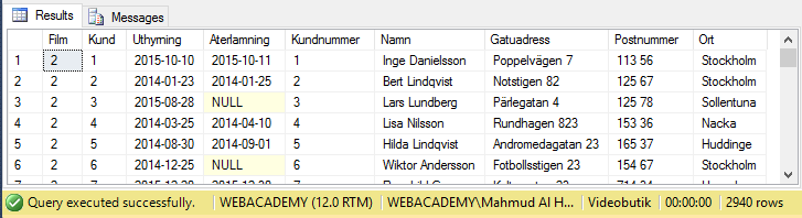 Resultat av den kartesiska produkten Antal rader i kunder x antal rader i uthyrning 100 x 2 940 = 294 000 Copyright 2015 - Mahmud Al Hakim www.