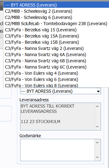 Karolinska Institutet Sid 28 (49) Välj sedan leveransadress genom att leta upp önskad adress i rullgardinsmenyn. Välj rätt adress och tryck sedan på Tab-tangenten.