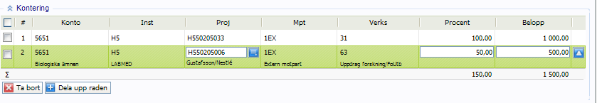 Karolinska Institutet Sid 30 (49) 2. Klicka sedan på Kontering för att öppna upp konteringsfältet. 3. Markera kopierad rad 4. Ändra projekt på den nya raden. 5.