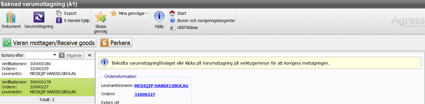 Karolinska Institutet Sid 33 (49) 8 Varumottagning Inköp Inköpsorder Varumottagning För att en inköpsfaktura och order ska kunna matchas i systemet måste du när dina varor levererats göra en