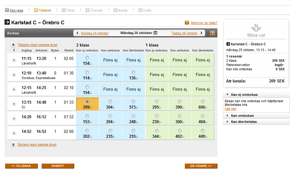 I nästa vy, Tidtabell (se bild 2), presenteras ett antal föreslagna avgångar samt olika biljettalternativ och dess priser: första eller andra klass, av- eller ombokningsbar biljett.