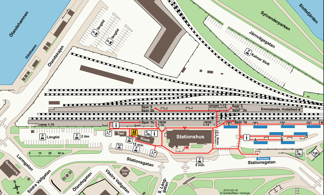 2.1 Kalmar central 2.1.1 Spår Kalmar central är belägen på Kvarnholmen i stadens centrala delar. Kalmar central är en så kallad säckstation, vilket innebär att samtliga tåg vänder i Kalmar.