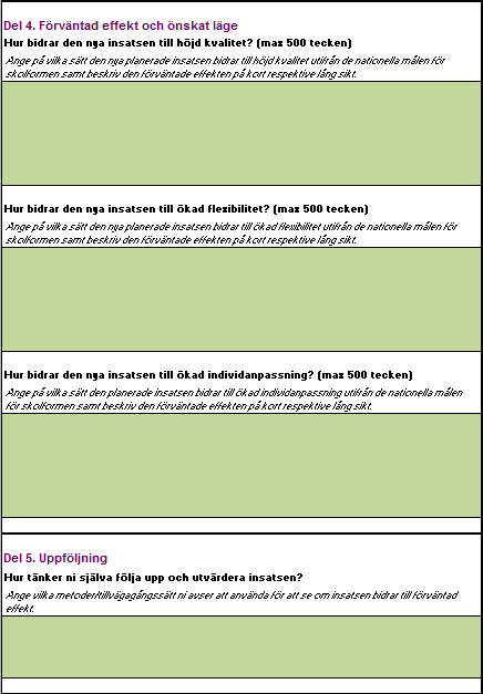 Här beskriver ni hur insatsen ni ansöker om statsbidrag för bidrar till höjd kvalitet, vilket önskat läge ni strävar mot och effekterna på kort respektive lång sikt vart ska ni?
