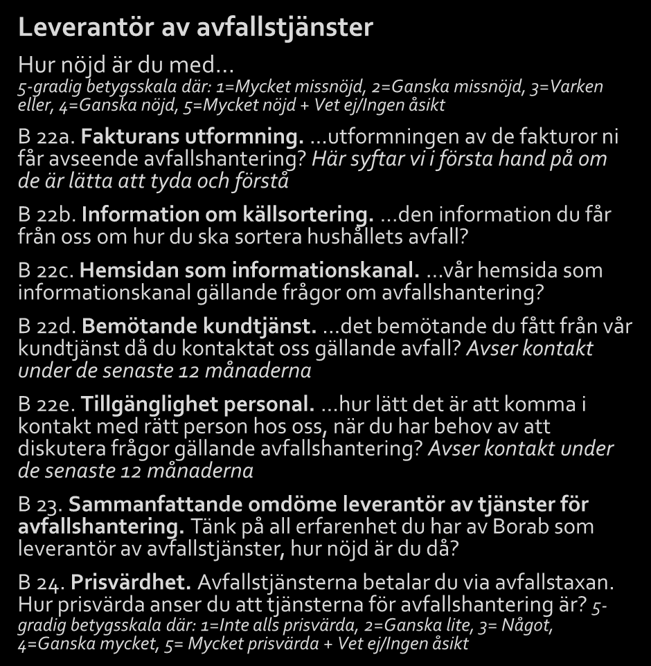 Samtliga frågor 4(4) Förklaring till koder för frågetyper: B = betyg, AE = alternativ enval, YN = Ja eller nej, F = fritext, RNK = rankning Leverantör av avfallstjänster Hur nöjd är du med 5-gradig