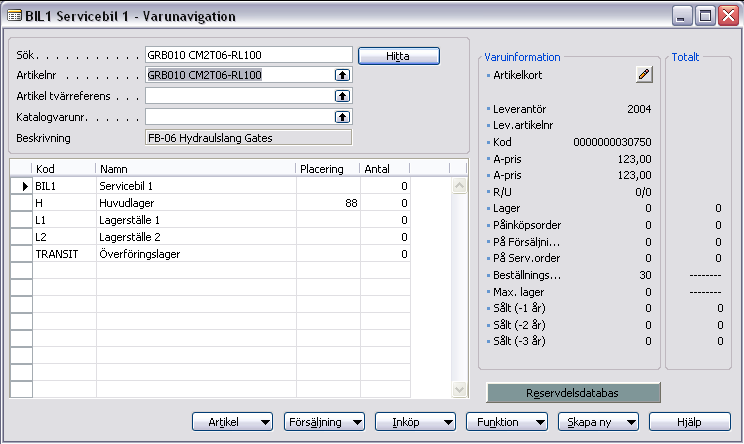 Artikelsök - Analysera artikel Under Lager Planering och utförande Artikelsök kan du söka efter artikelnummer.