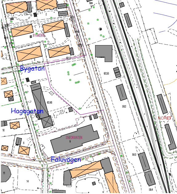 Bild 1: Orienteringskarta, riksväg 70 ligger öster om utredningsområdet utanför bild. Trafikering Trafiksiffror har erhållits från kommunen.