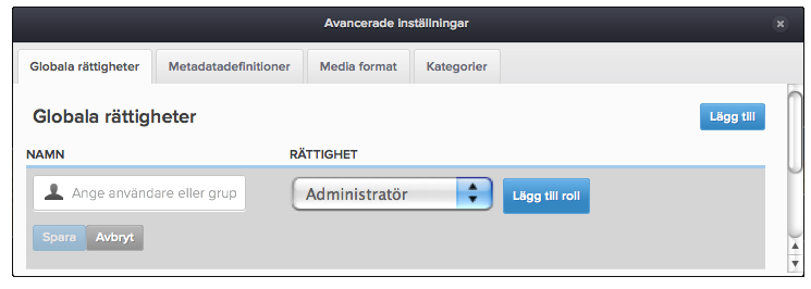 9.1. Globala rättigheter ImageVault Användarmanual Inställningsfliken globala rättigheter listar rättigheter för alla administratörer i systemet. ImageVault använder tre olika administratörsnivåer.