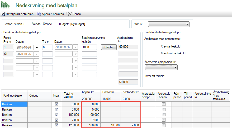 67 (123) 15.5.2 I proportion till totalskuld eller kapitalskuld, vad är skillnaden? Vi utgår från exemplet i avsnitt Nedskrivning med betalplan: 1. Startdatum 2015-10-26 2.