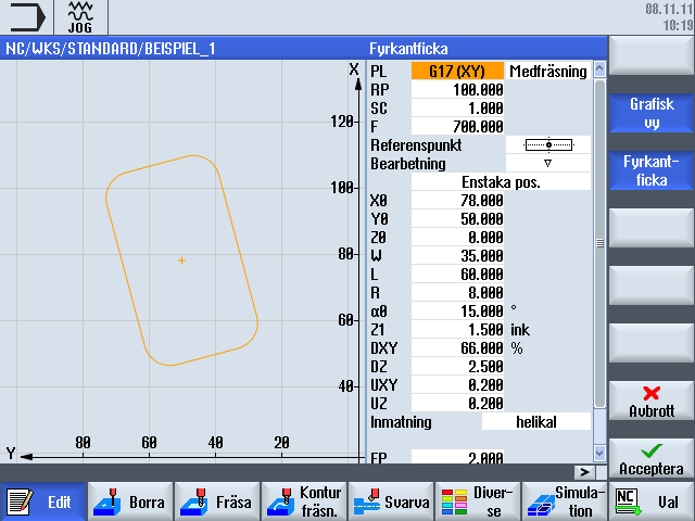 Upprätta G-kodprogram 7.3 Programuppbyggnad Bild 7-3 Parametermask med grafisk vy av ett G-kodprogramblock 7.3 Programuppbyggnad G-kodprogram kan principiellt programmeras fritt.