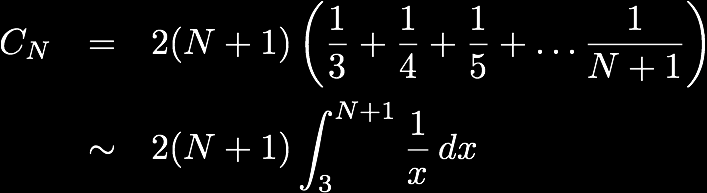 Quicksort: average-case analys - Upprepa att applicera ekvationen ovan: föregående ekvation subsituera