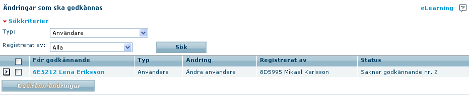 Ändringar för godkännande Om du klickar på Ändringar för godkännande som du hittar under menyn Administration överst på sidan kan du se vilka ändringar av användare som saknar ett andra godkännande.