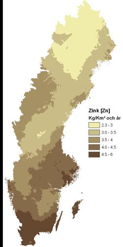 Figur 8. Exempel på kartpresentation av den atmosfäriska depositionen av zink (kg/km 2 och år) som medelvärde för 2003-2005 (Ejhed et al., 2010).