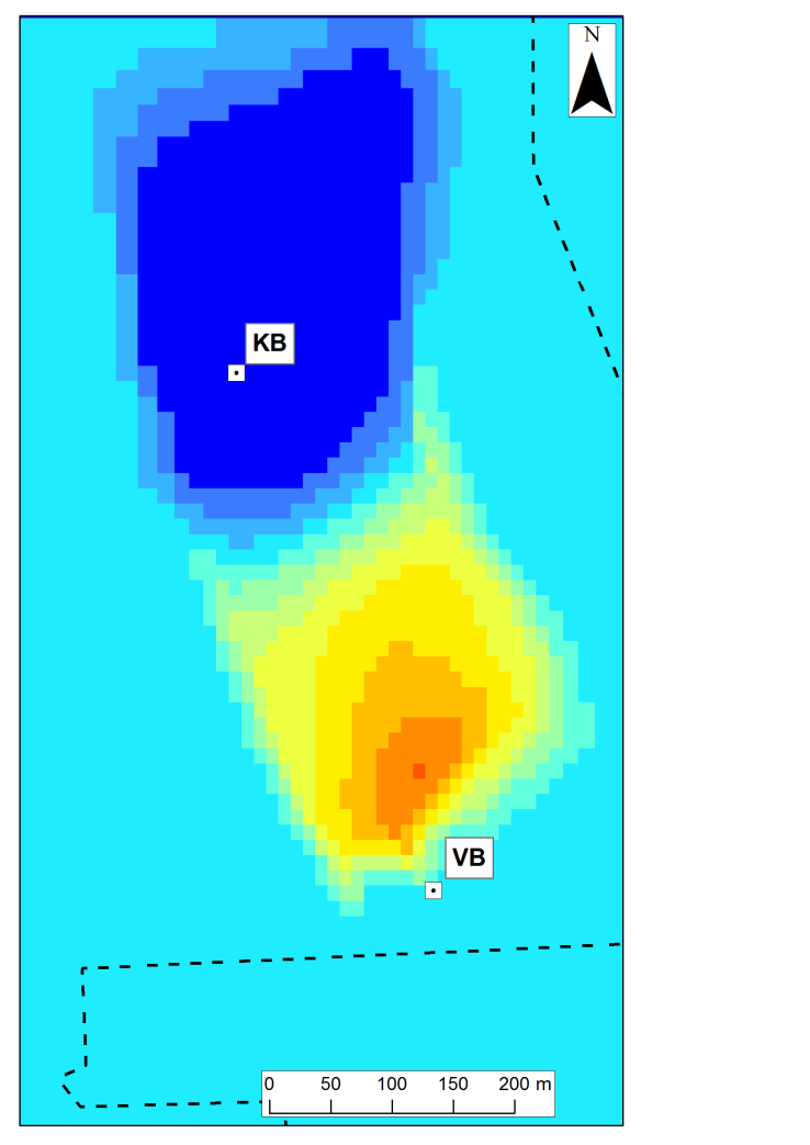 Figur 16. Slutet av vinterdrift år 5 med K= 0,005 m/s i bilden till vänster och K = 0,02 m/s i bilden till höger.