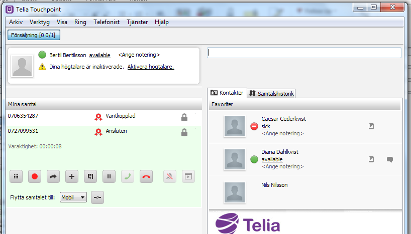 Telefonistfunktioner Med Telefoniststöd i Touchpoint Softphone får du utökad funktionalitet som är anpassat för att ta emot många inkommande samtal.