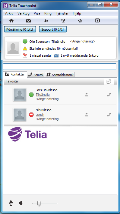 Lär känna Touchpoint Softphone Översikt av normalvyn 1 2 3 4 5 6 Denna vy i Softphone kallas för normalvyn.